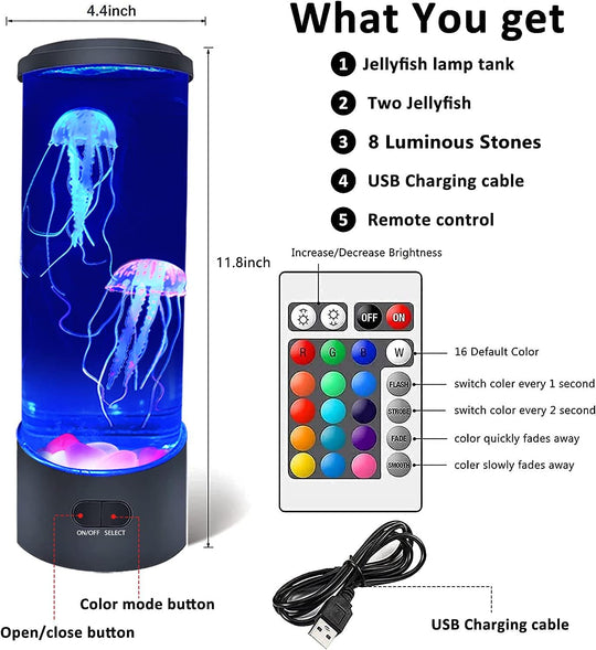 Jellyfish Lava Lamp, Jellyfish Lamp with 16 Color Changing Light, Jellyfish Tank Table Lamp, Jellyfish Aquarium Night Light, Home Office Room Desk Decor Lamp Mood Light for Relax with 8 Luminous Stone