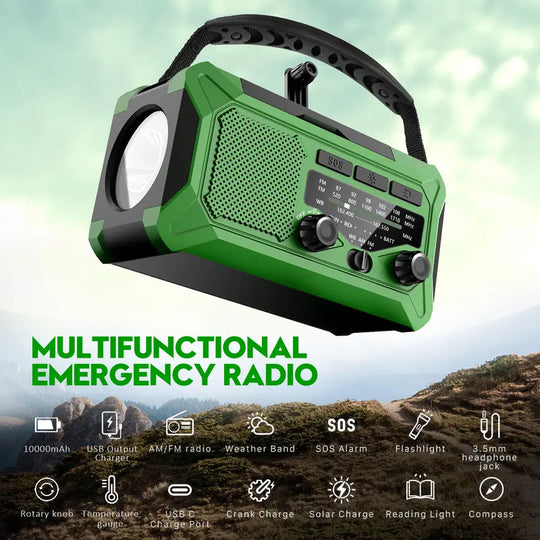 10000Mah Emergency Hand Crank Radio with LED Flashlight, AM/FM NOAA Portable Weather Alert Radio, Solar Powered Radio with Phone Charger, USB Charged, Headphone Jack, SOS Alarm, Compass for Outdoors Audio Button Rechargeable Mobile