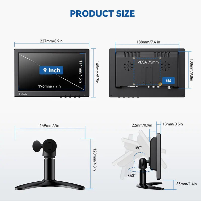 Eyoyo 9 Inch Small Monitor, 1024X600 16:9 IPS HDMI Monitor Support HDMI/VGA/AV/BNC Input with Remote Control & Built-In Speakers, Security Monitor for Computer Raspi CCTV Camera Car