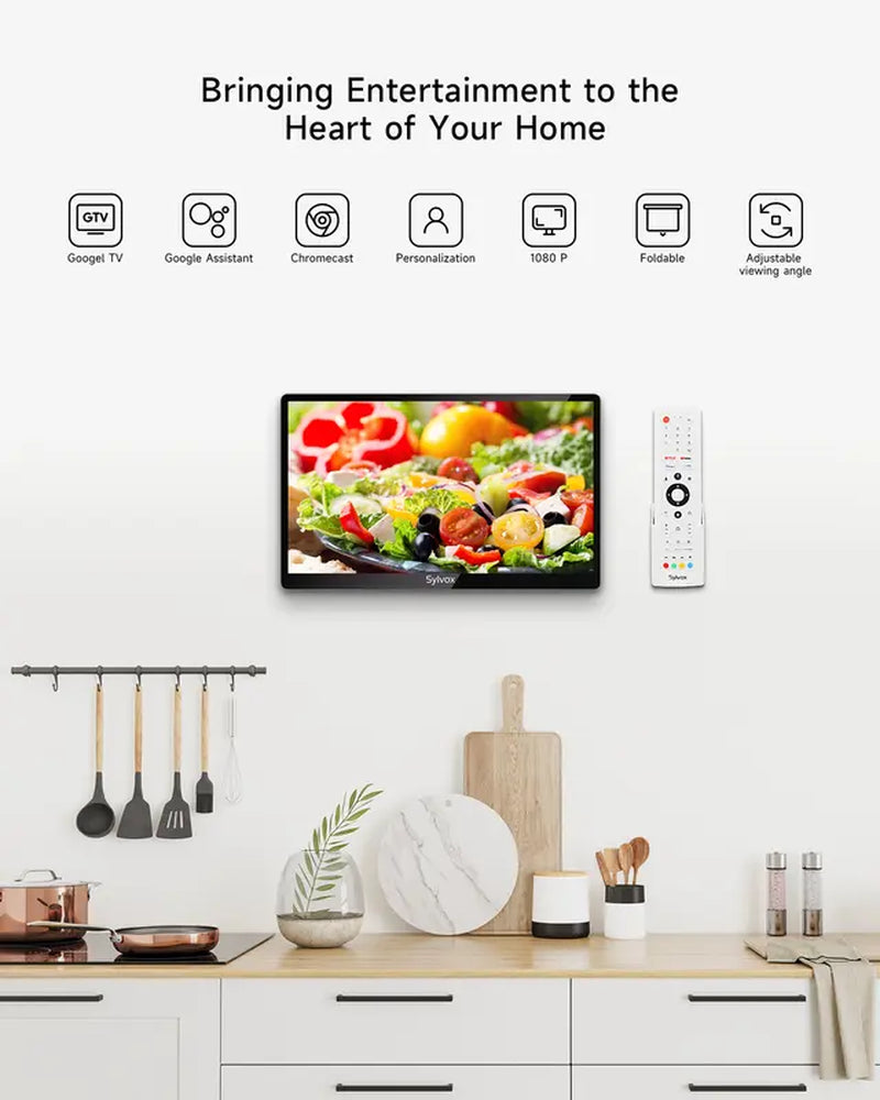 SYLVOX Kitchen TV, 15.6 Inch Small TV with Google System, Rotated & Foldable 1080P FHD Smart TV Support Google Assistant Wifi Bluetooth, under Cabinet TV for Kitchen, Bedroom, RV Camper