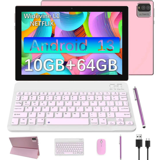 2 in 1 Tablet, 10 Inch Android 13 Tablet with Keyboard 10GB+64GB+512GB Expand Dual Camera, IPS Touch Screen Tablet Computer, Wifi, Bluetooth, Long Battery Life, Google Certified Tablet PC, Pink