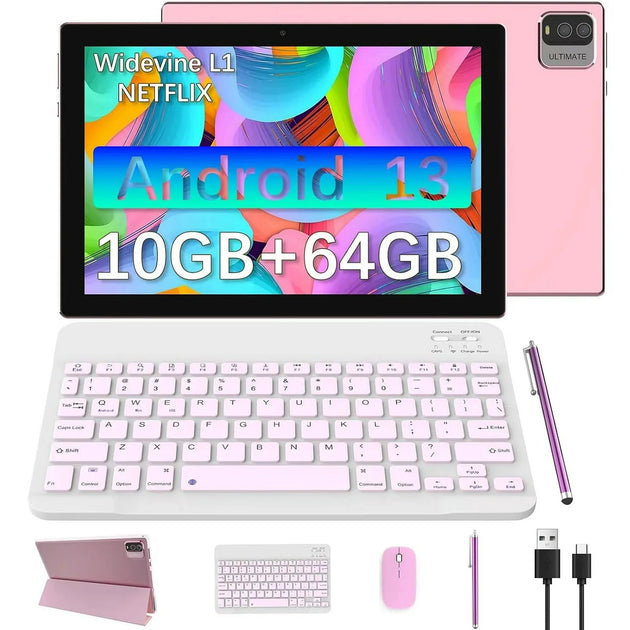 2 in 1 Tablet, 10 Inch Android 13 Tablet with Keyboard 10GB+64GB+512GB Expand Dual Camera, IPS Touch Screen Tablet Computer, Wifi, Bluetooth, Long Battery Life, Google Certified Tablet PC, Pink
