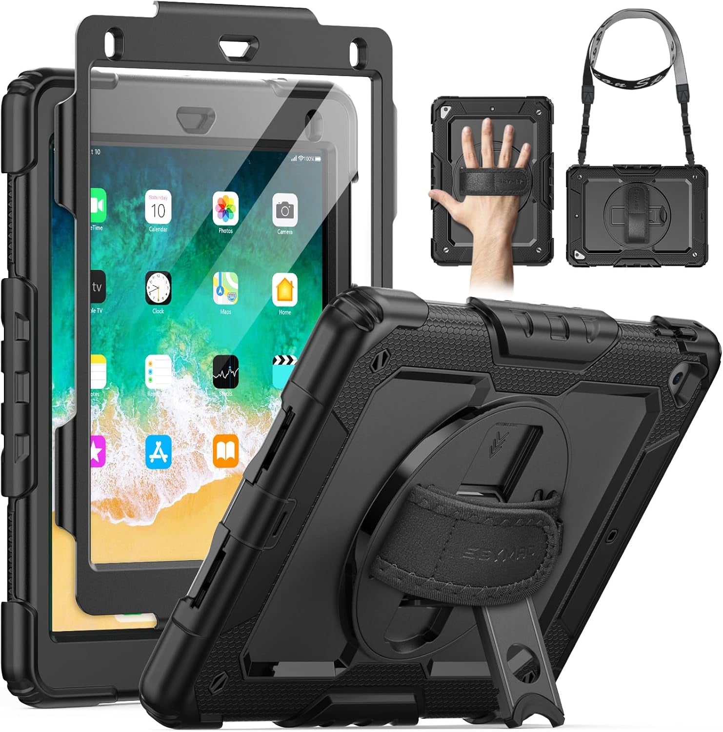 for Ipad 6Th/5Th Generation Case 9.7 Inch, Full-Body Shockproof Heavy Duty Protective Case with Screen Protector, Rotating Stand/Hand/Shoulder Strap for Ipad Air 2/ Pro 9.7, Black