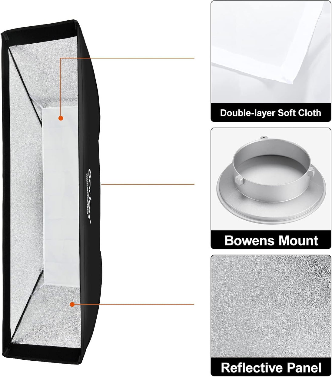 13 X 63 Inch Strip Beehive Honeycomd Grid Softbox with Bowens Mount Speedring Compatible for  Studio Flash and Other Strobe Lighting&Carry Bag(2Pcs) (35 X 160Cm)