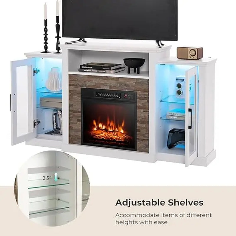 Electric Fireplace TV Stand, Electric Fireplace Mantel with 16-Color Led Lights, Adjustable Glass Shelves, Remote & Smart APP Control, TV Console for Living Room