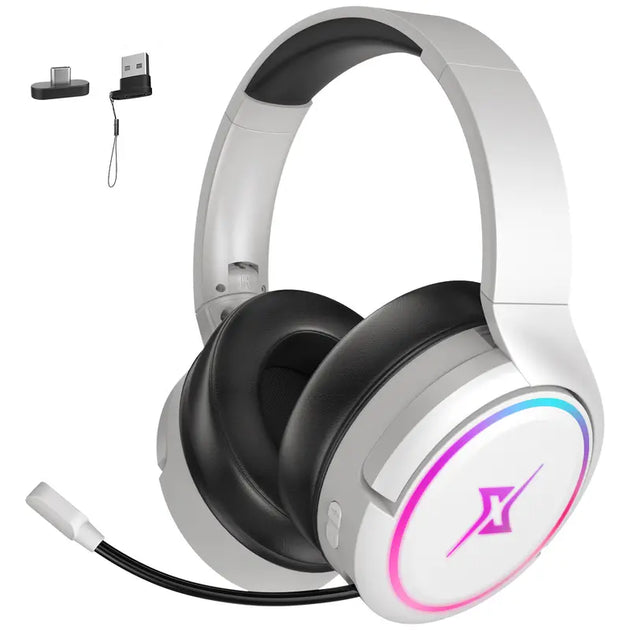 Targeal 2.4G Wireless Gaming Headset for PC, PS4, PS5, Switch, Mac,Mobile- Rotatable & Foldable Bluetooth V5.3 Headphone-20H Battery & RGB Light-Memory Ear Pads-Stretchable Noise Cancelling Audio