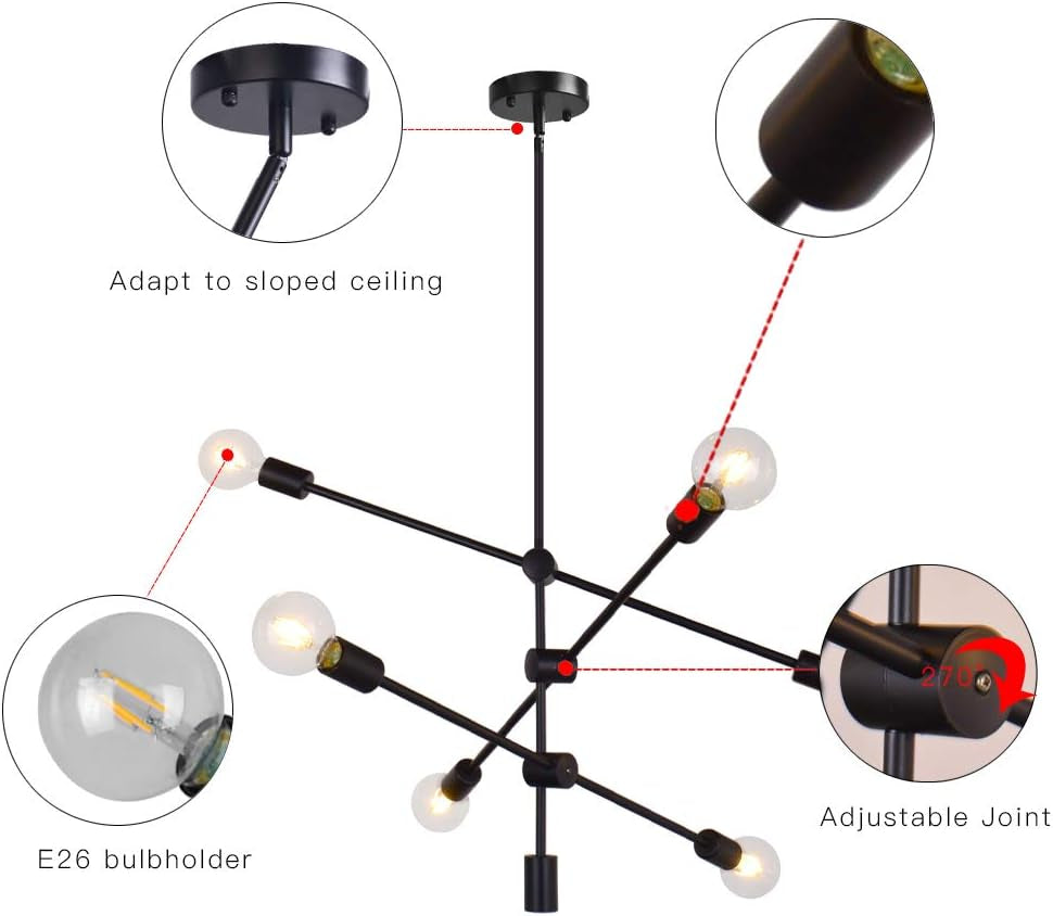 Sputnik Chandelier 6 Lights Modern Pendant Lighting Ceiling Light Fixture, Black, Bedroom Living Room Kitchen Hallway