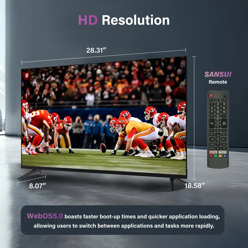 SANSUI 32 Inch HD Smart TV with Webos 5.0 720P LED Television with Music Card App & Game Optimizer