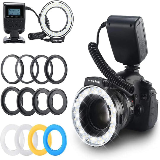 Ring Flash Light, 48 Micro LED Ring Flash Light with LCD Display Power Control, 4Pcs Flash Diffusers & 8Pcs Lens Adaptor for Canon, Nikon DSLR Cameras, Camera Accessories