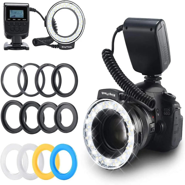 Ring Flash Light, 48 Micro LED Ring Flash Light with LCD Display Power Control, 4Pcs Flash Diffusers & 8Pcs Lens Adaptor for Canon, Nikon DSLR Cameras, Camera Accessories