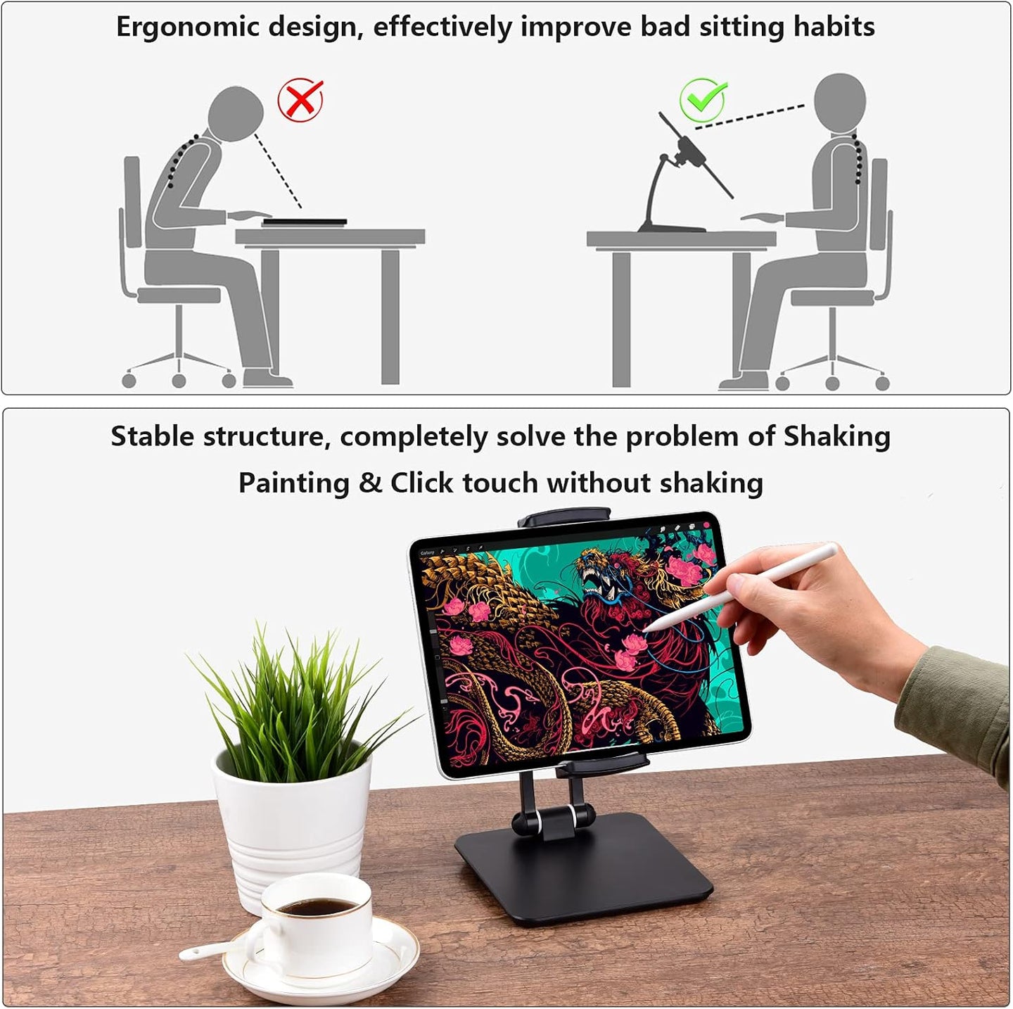 Tablet Stand Tablet Holder for Desk Adjustable Stand Foldable Tablet Holder Compatible with Iphone Ipad Galaxy Tab Kindle Black