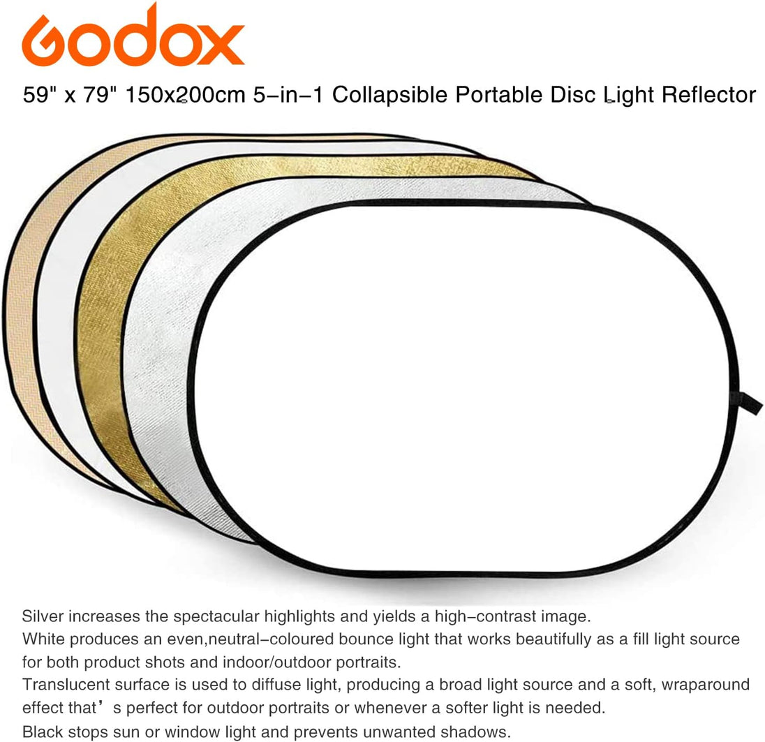 59”X79” 150X200Cm 5-In-1 Collapsible Portable Disc Light Reflector with Bag for Studio and Photography - Gold, Silver, Black, White, Translucent. (Rft05-150X200Cm)