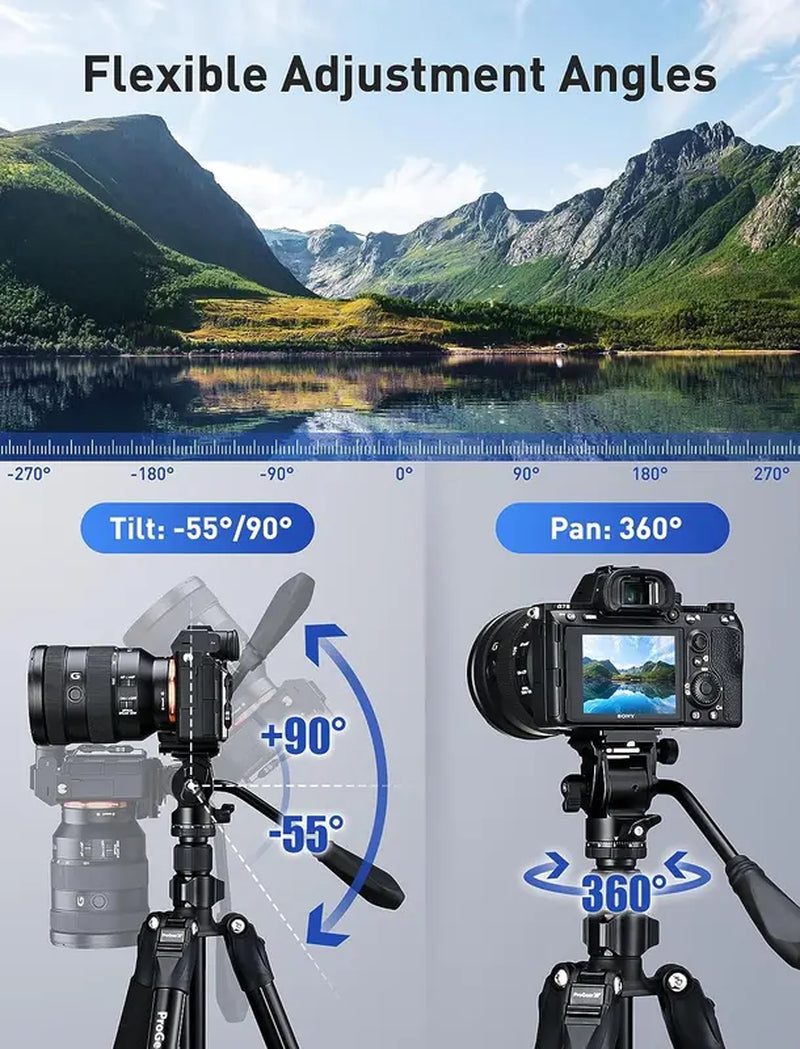 Progearx 73″ Camera Tripod, Professional Complete Tripod with 360°Fluid Head, QR Plate, Robust Aluminium Alloy Body, Carrying Bag, Video Tripod for Camera, DSLR, SLR, Canon, Nikon, Binoculars