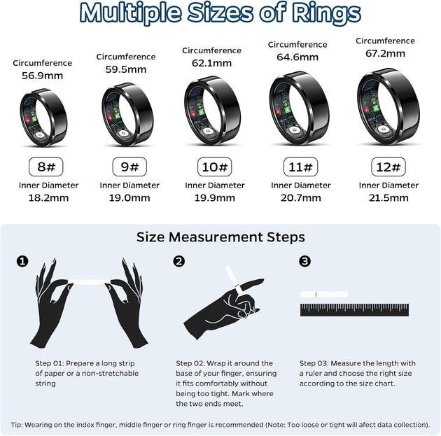 Smart Ring Health Tracker, Sleep Tracker Ring with Heart Rate, Waterproof Fitness Ring for Activity Monitoring/Steps/Distance/Calories, Air Gestures, up to 7-Day Battery, for Ios Android (Black,#10)