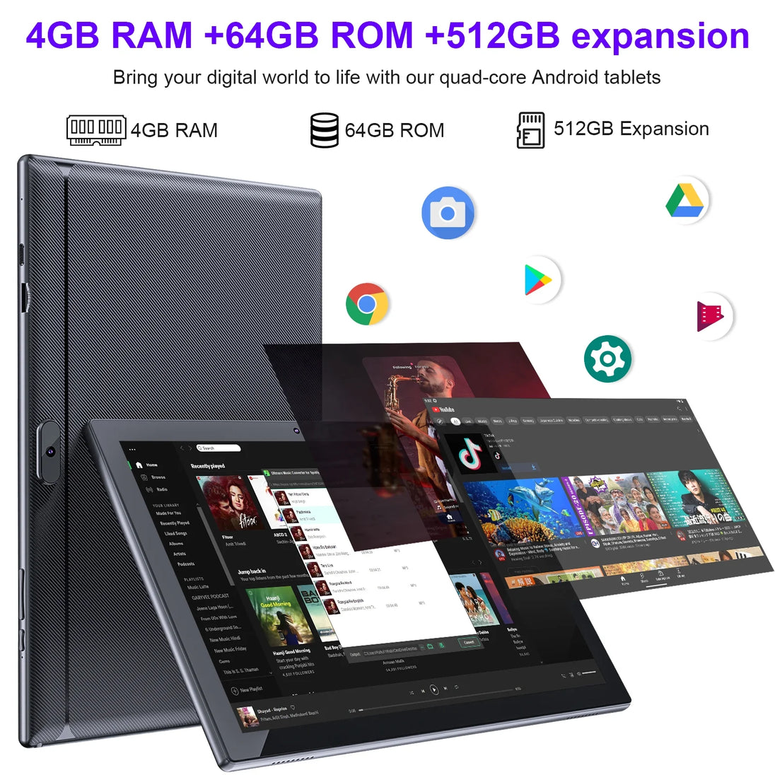 10 Inch Tablet Android, 2 in 1 Tablet with Keyboard, 4GB+64GB Tablet PC, Quad Core, 1280 * 800 HD Screen, Dual Camera, Wi-Fi, BT Computer Tablets with Case Mouse Stylus