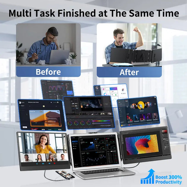 BOSII S2 Laptop Screen Extender, 14" IPS FHD 1080P Triple Portable Monitor for 13”-17.3“ Laptop