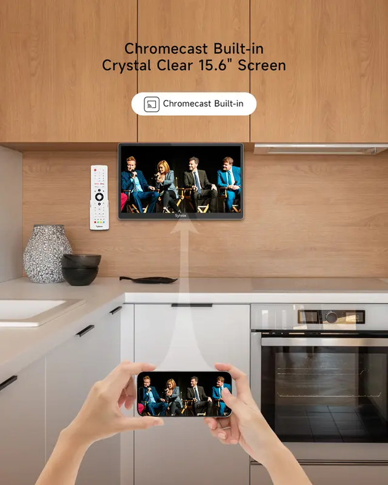 SYLVOX Kitchen TV, 15.6 Inch Small TV with Google System, Rotated & Foldable 1080P FHD Smart TV Support Google Assistant Wifi Bluetooth, under Cabinet TV for Kitchen, Bedroom, RV Camper