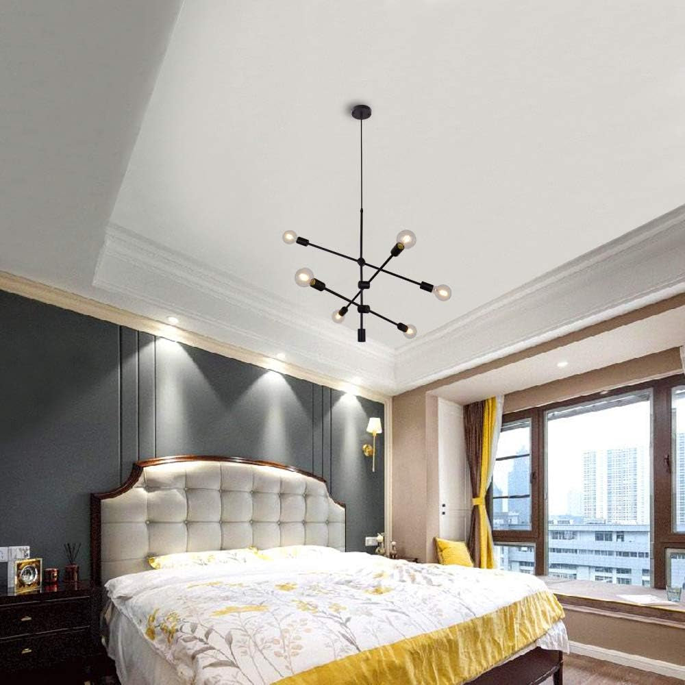 Sputnik Chandelier 6 Lights Modern Pendant Lighting Ceiling Light Fixture, Black, Bedroom Living Room Kitchen Hallway