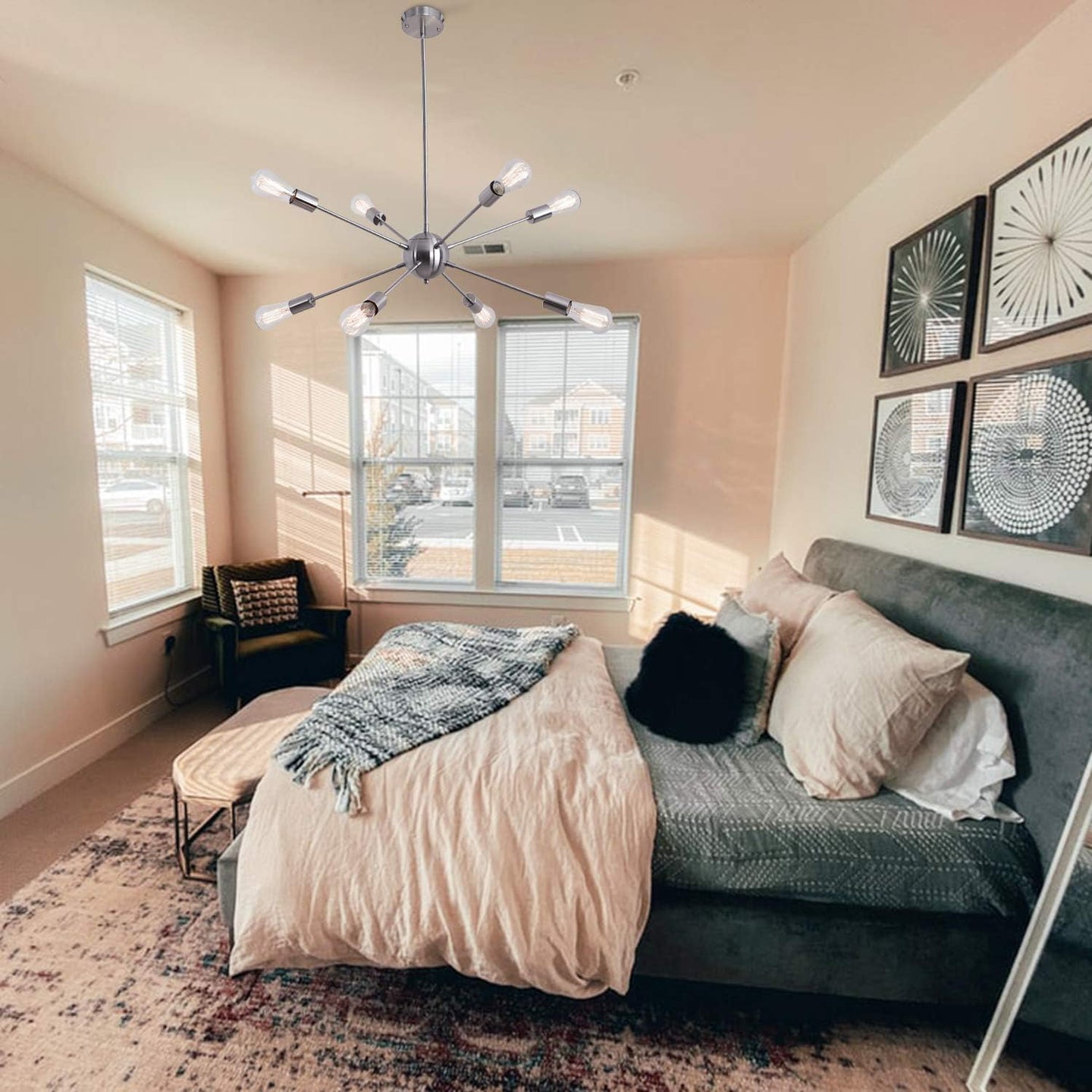 Sputnik Chandeliers 8 Lights Modern Pendant Lighting Industrial Vintage Ceiling Light Fixture, Nickel, Dining Room Bedroom Living Room Kitchen