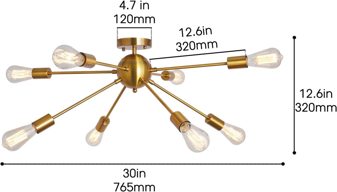 Sputnik Chandelier 8 Lights Semi Flush Mount Ceiling Light Modern Pendant Light Fixture, Brass, Bedroom Dining Room Kitchen Living Room