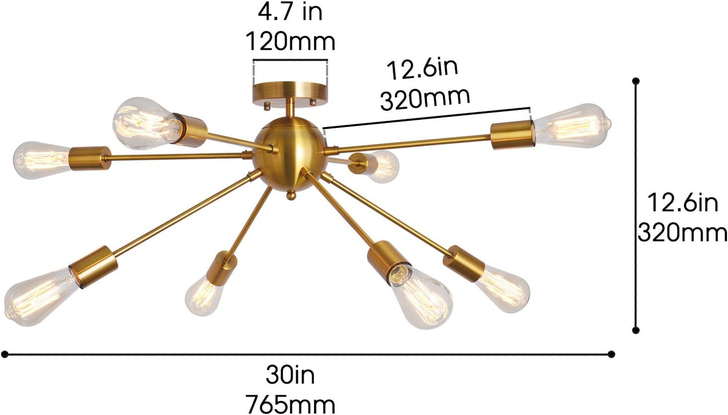 Sputnik Chandelier 8 Lights Semi Flush Mount Ceiling Light Modern Pendant Light Fixture, Brass, Bedroom Dining Room Kitchen Living Room