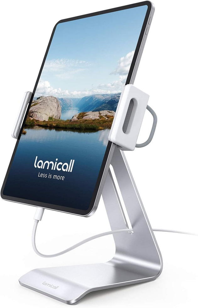 Tablet Stand, Adjustable Tablet Holder Dock - 360 Degree Rotating Tablet Mount, Desktop Tablet Dock, Compatible with Ipad Pro, Mini, Air, Galaxy Tabs, Kindle and 5.5-8.6" Wide Tablet - Silver
