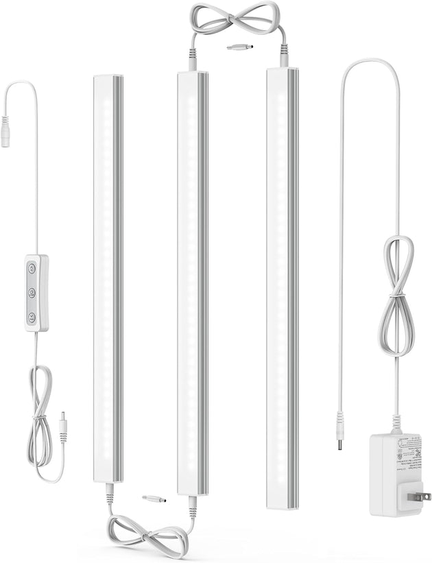 under Cabinet Led Light Plug In, Dimmable Daylight White 4500K, 3 Pack 12 Inch Linkable Led under Counter Lights for Kitchen, Shelf, Workbench, Cupboard, ETL Listed Plug 24V, UNO-LK 4500K