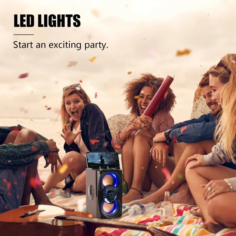 Bluetooth Speaker, Portable Wireless Speakers with Lights, 2 Double Subwoofer Heavy Bass, 2 Loud Speaker, FM Radio, SD Player, Suitable for Travel, Indoor and Outdoor