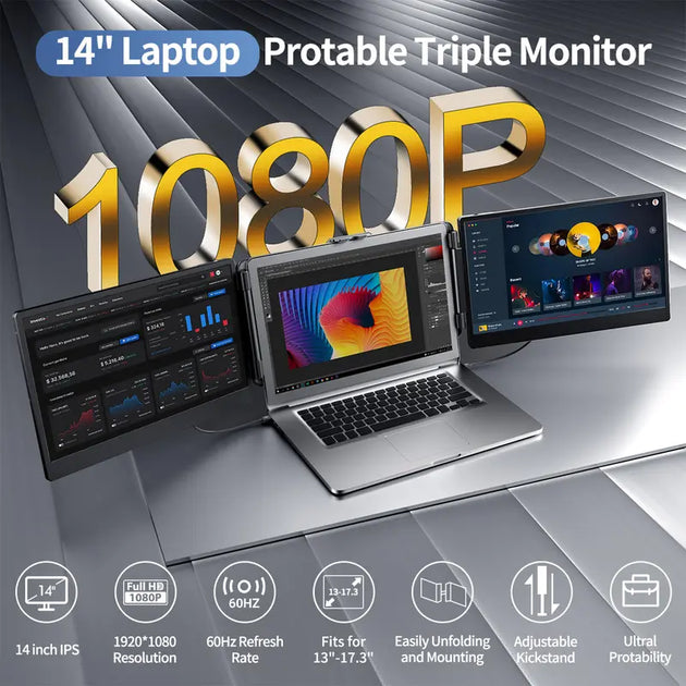 BOSII S2 Laptop Screen Extender, 14" IPS FHD 1080P Triple Portable Monitor for 13”-17.3“ Laptop