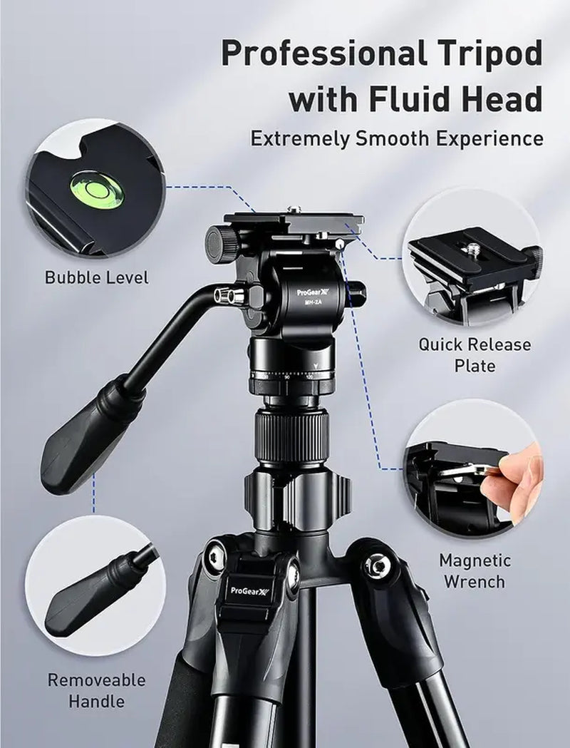 Progearx 73″ Camera Tripod, Professional Complete Tripod with 360°Fluid Head, QR Plate, Robust Aluminium Alloy Body, Carrying Bag, Video Tripod for Camera, DSLR, SLR, Canon, Nikon, Binoculars