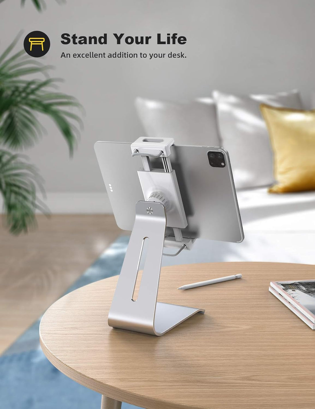 Tablet Stand, Adjustable Tablet Holder Dock - 360 Degree Rotating Tablet Mount, Desktop Tablet Dock, Compatible with Ipad Pro, Mini, Air, Galaxy Tabs, Kindle and 5.5-8.6" Wide Tablet - Silver