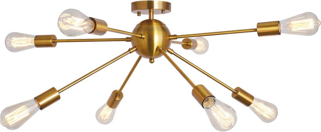 Sputnik Chandelier 8 Lights Semi Flush Mount Ceiling Light Modern Pendant Light Fixture, Brass, Bedroom Dining Room Kitchen Living Room