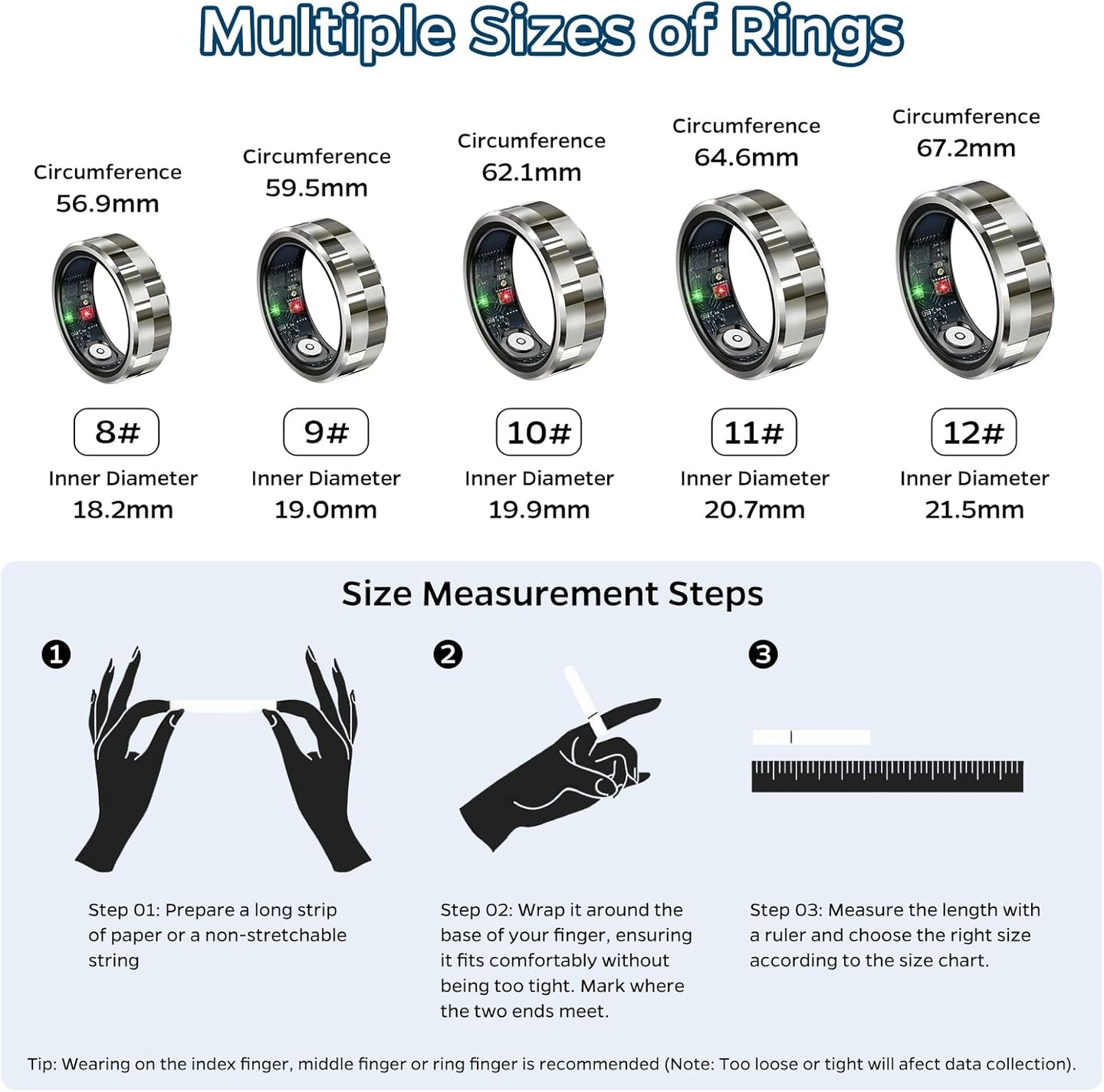 Smart Ring Health Tracker, Sleep Tracker Ring with Heart Rate, Waterproof Fitness Ring for Activity Monitoring/Steps/Distance/Calories,Air Gestures,Up to 7Day Battery,For Ios Android(Stylish Silver#8)