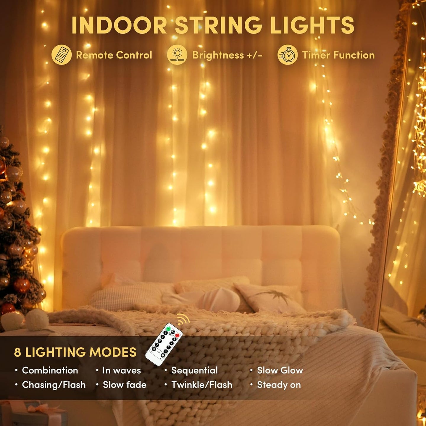 100 LED String Light for Wedding Party Bedroom,33 Ft USB String Lights 8 Modes Waterproof for Indoor Outdoor