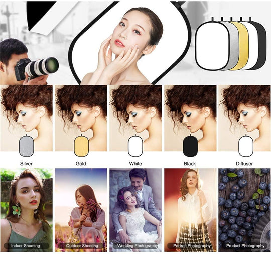 59”X79” 150X200Cm 5-In-1 Collapsible Portable Disc Light Reflector with Bag for Studio and Photography - Gold, Silver, Black, White, Translucent. (Rft05-150X200Cm)